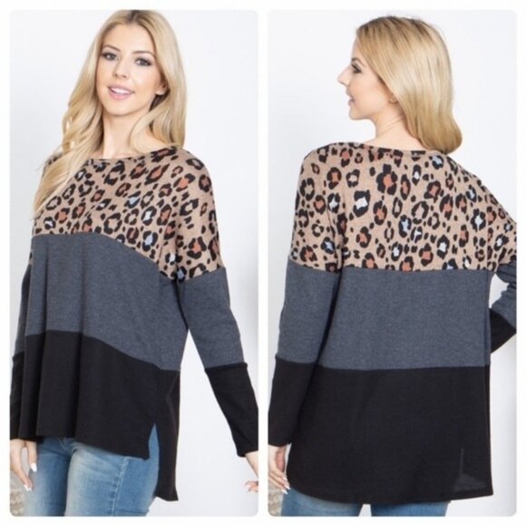 Leopard Print Color Block Long Sleeve Knit Top Women’s Casual Loose Fit-NEW - Picture 1 of 7